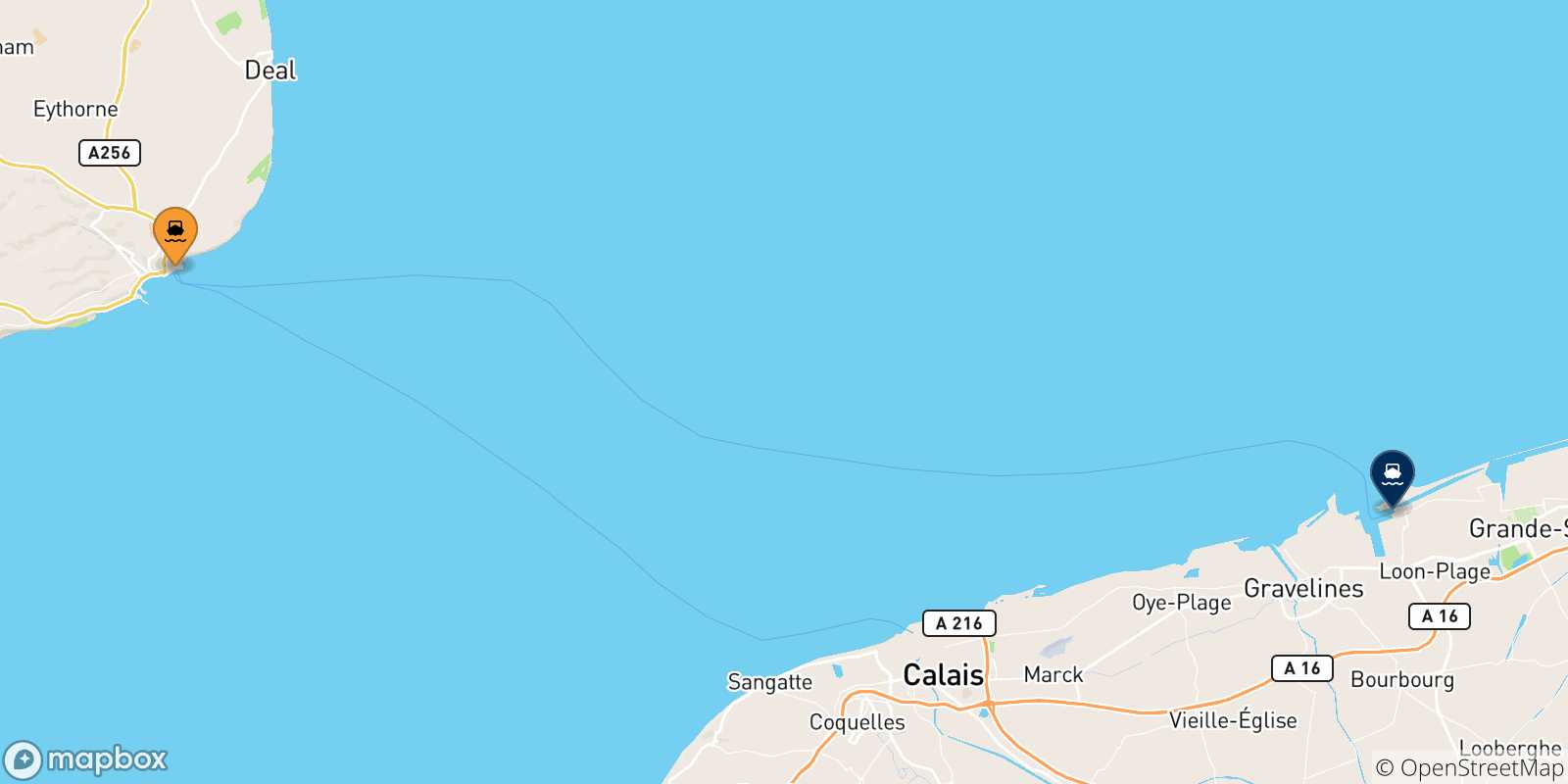 Mapa de las posibles rutas entre Reino Unido y  Dunkerque