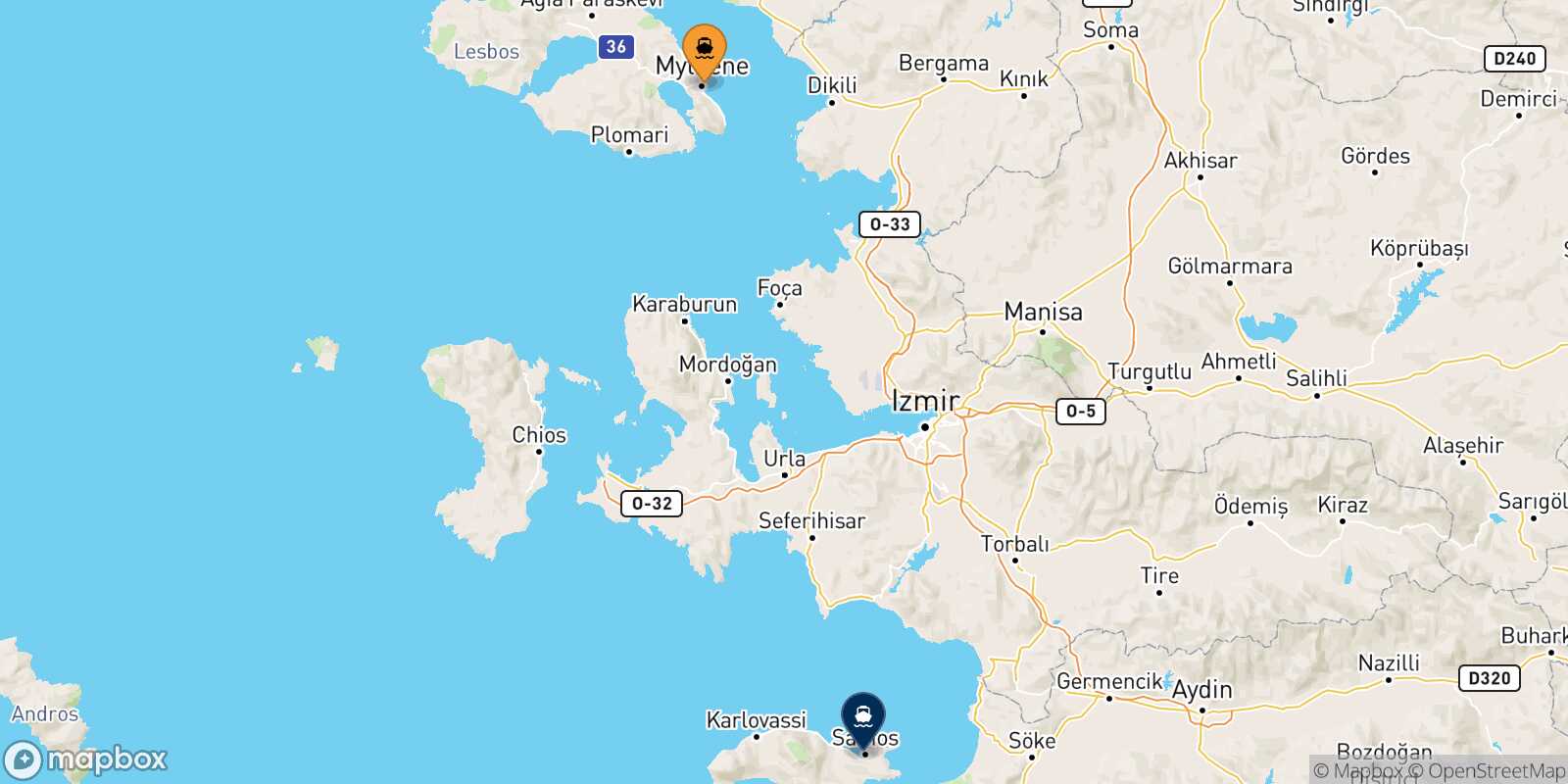 Mapa de la ruta Mytilene (Lesvos) Vathi (Samos)