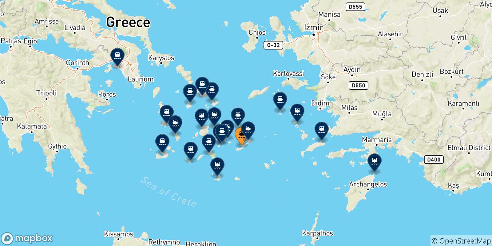 Mapa de las posibles rutas entre Katapola (Amorgos) y  Grecia