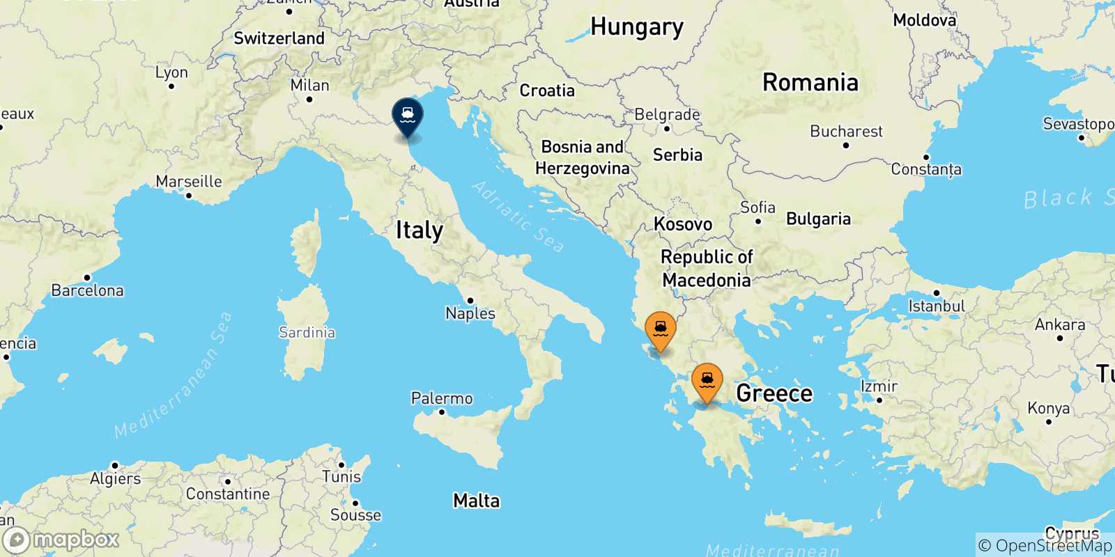 Mapa de las posibles rutas entre Grecia y  Rávena