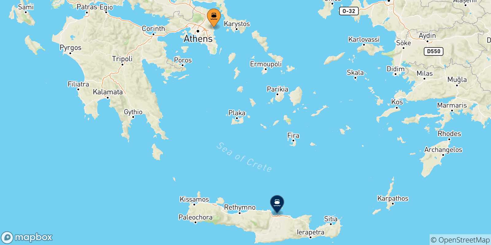 Mapa de las posibles rutas entre Rafina y  Creta