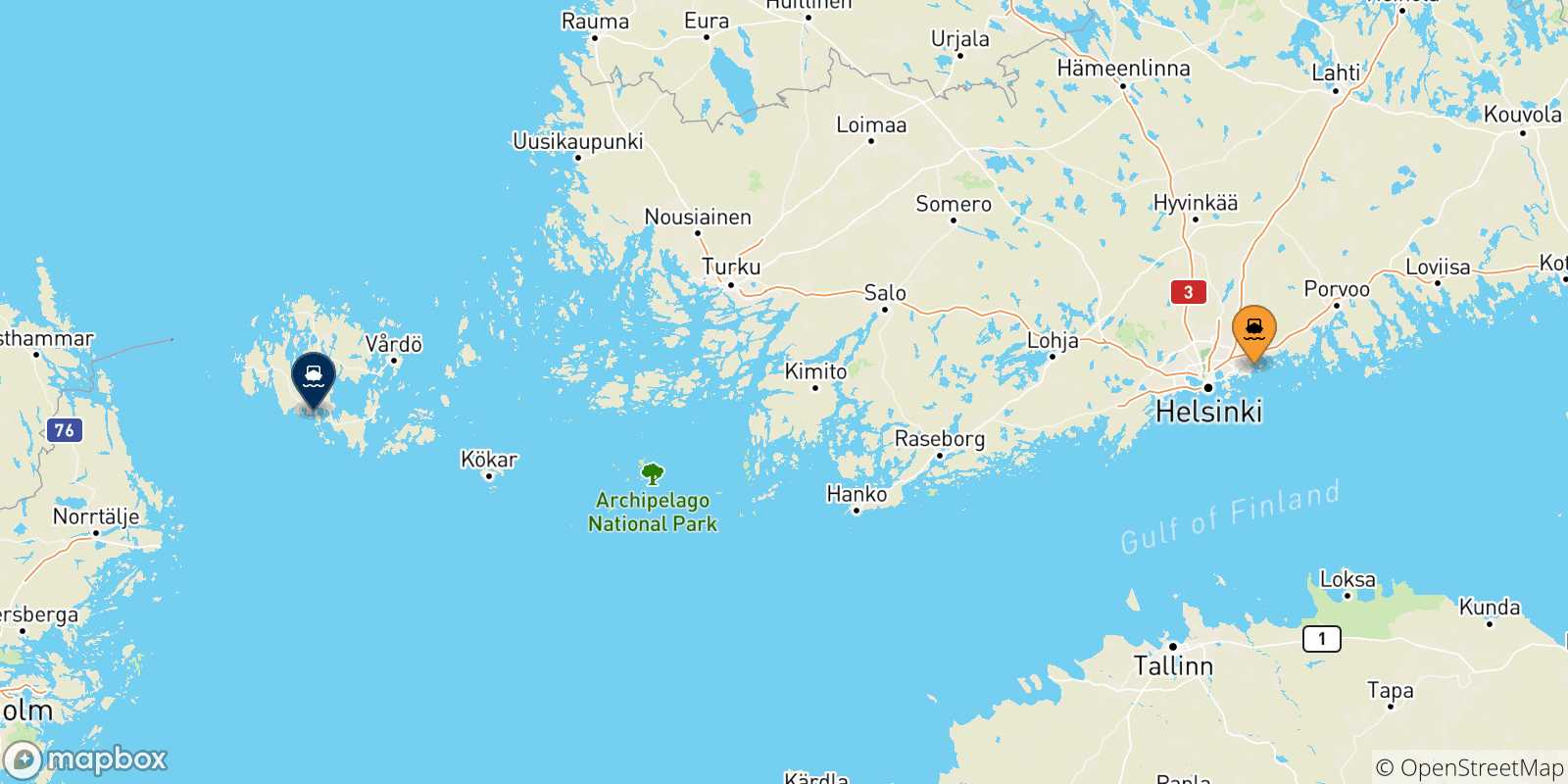 Mapa de las posibles rutas entre Helsinki y  Islas Aland