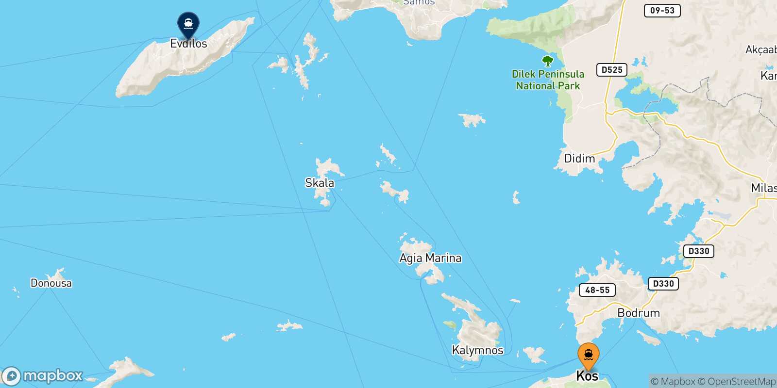 Mapa de la ruta Kos Agios Kirikos (Ikaria)