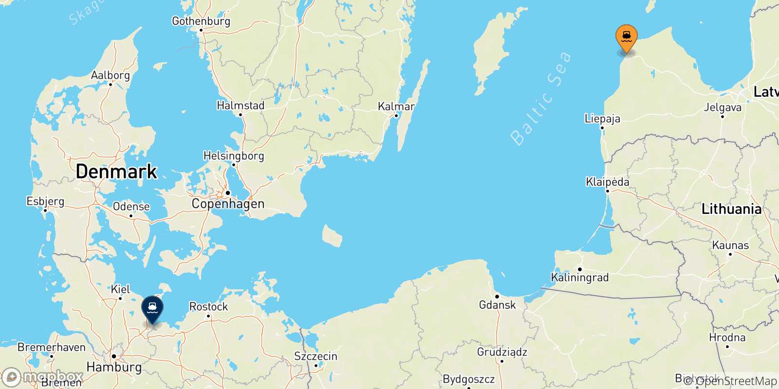Mapa de las posibles rutas entre Ventspils y  Alemania