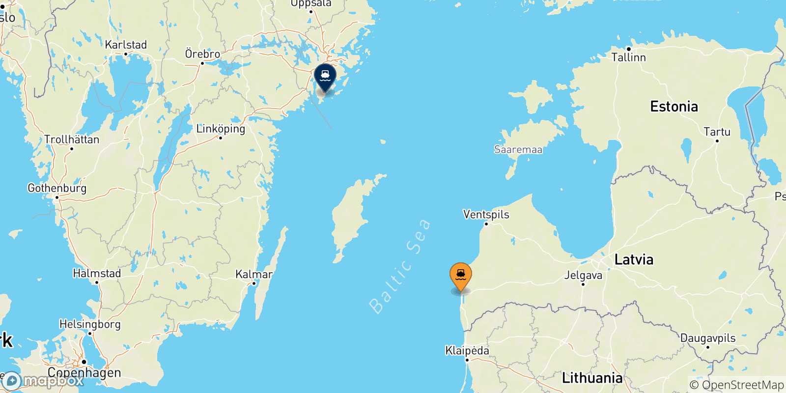 Mapa de las posibles rutas entre Liepaja y  Suecia