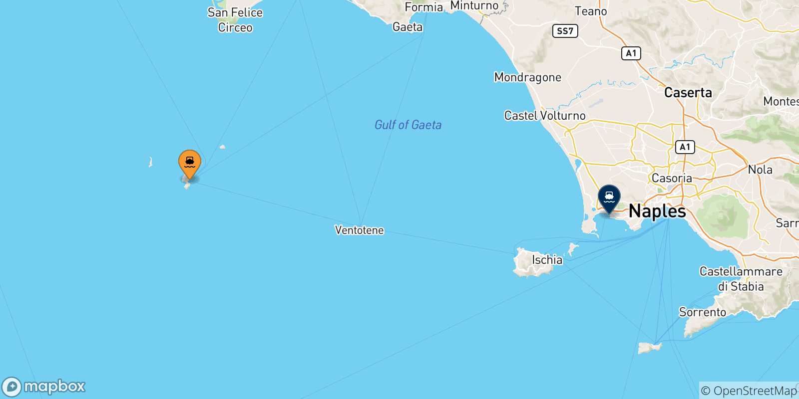 Mapa de las posibles rutas entre Ponza y  Golfo De Nápoles