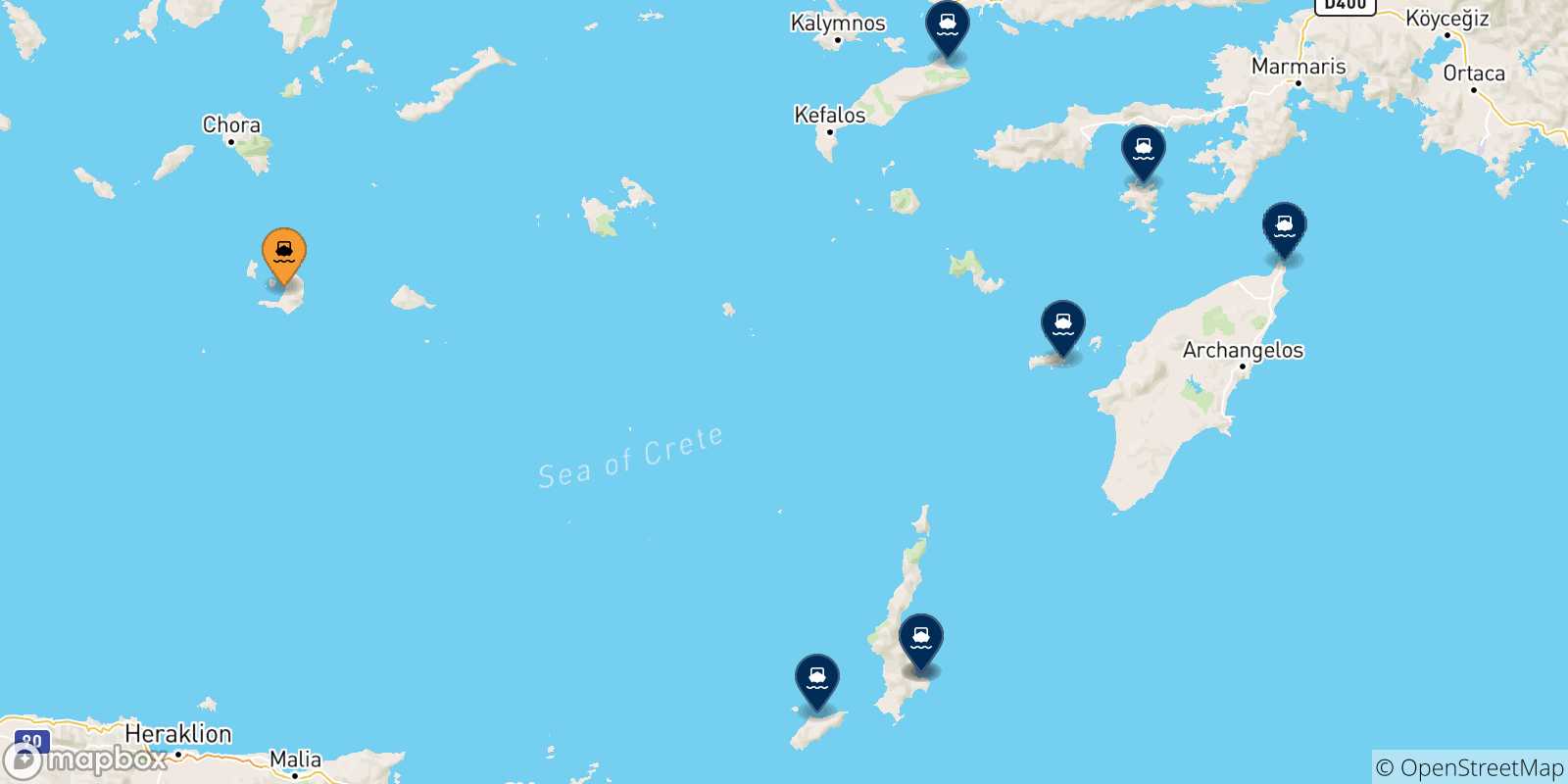 Mapa de las posibles rutas entre Santorini y  Dodecaneso