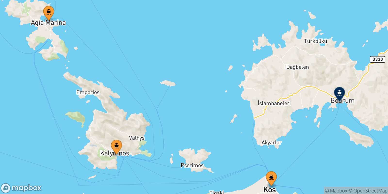 Mapa de los puertos conectados con  Turgutreis
