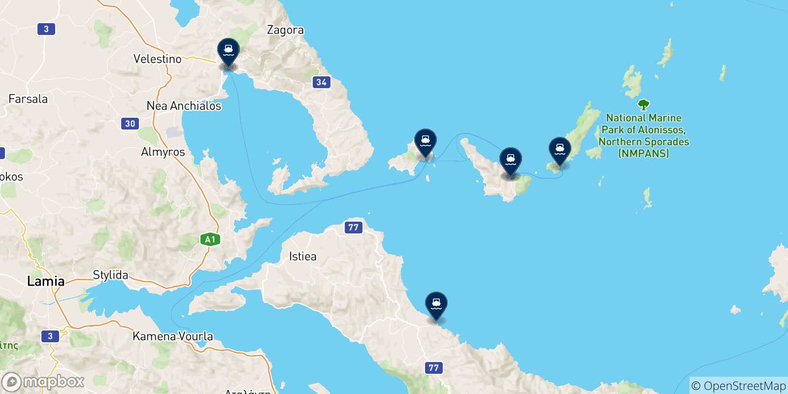 Mapa de las posibles rutas entre Volos y  Grecia