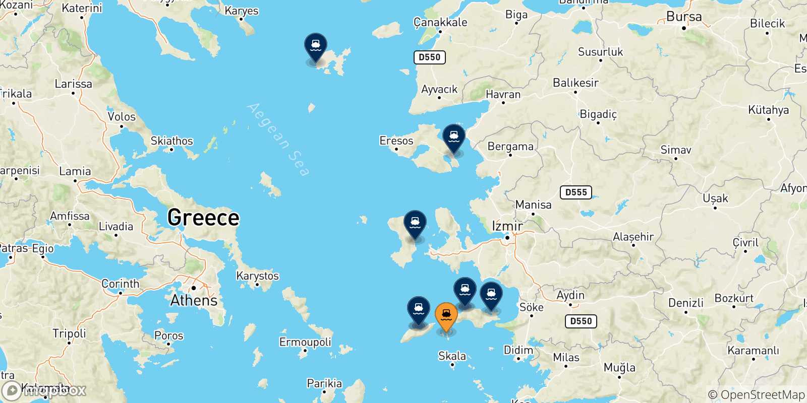 Mapa de las posibles rutas entre Fourni y  Islas Del Egeo