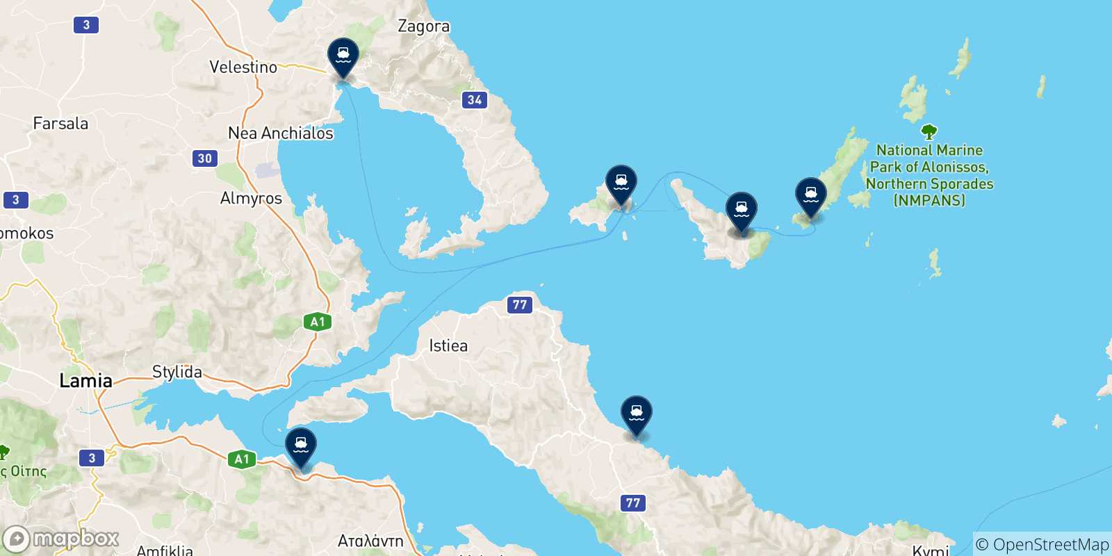 Mapa de las posibles rutas entre Glossa (Skopelos) y  Grecia