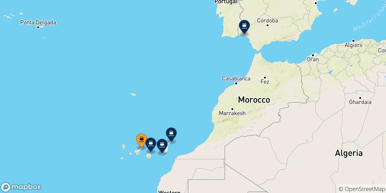 Mapa de las posibles rutas entre Santa Cruz De Tenerife y  España