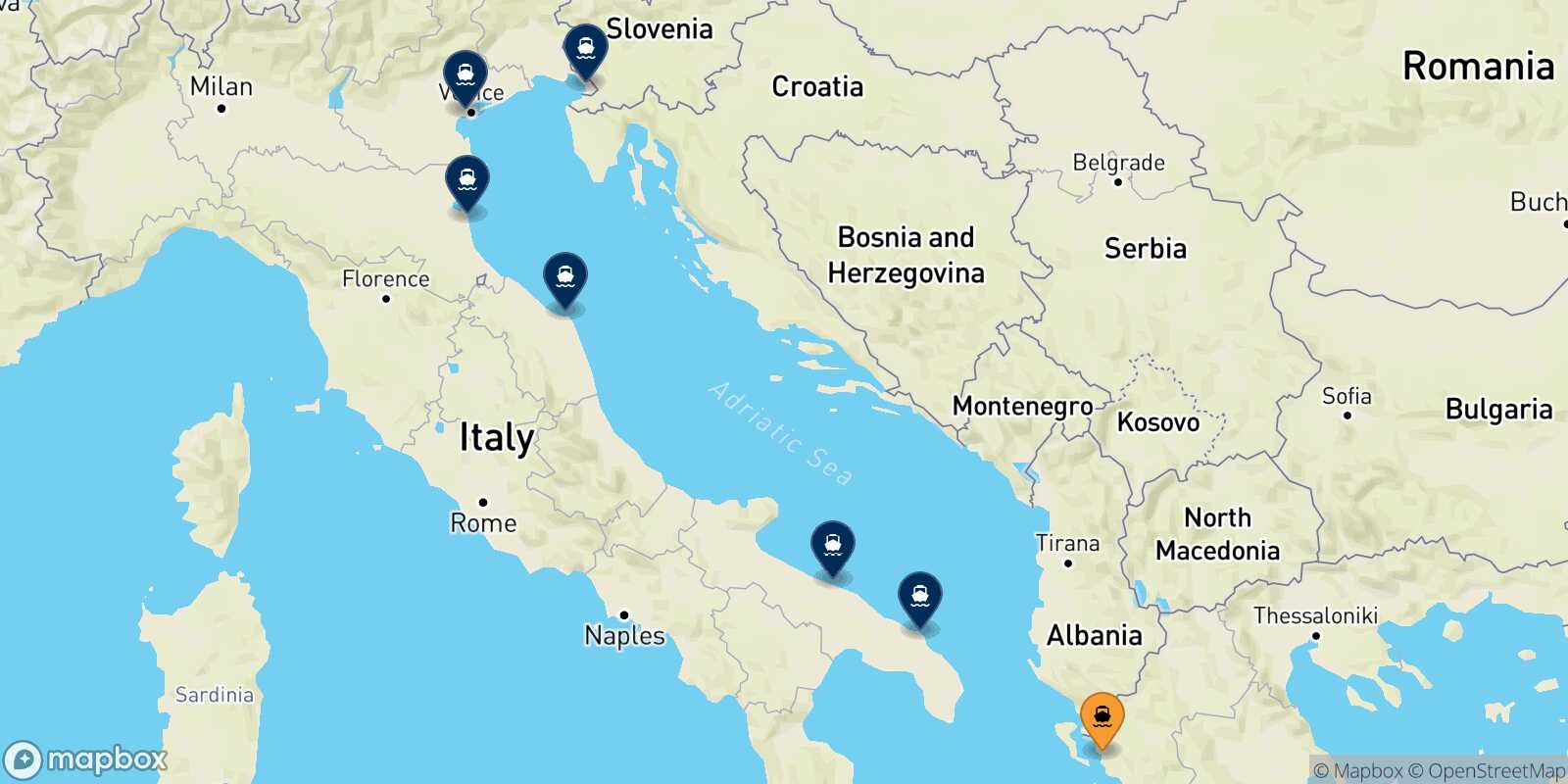 Mapa de los destinos alcanzables de Igoumenitsa