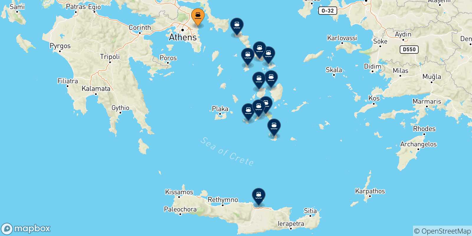 Mapa de las posibles rutas entre Rafina y  Grecia