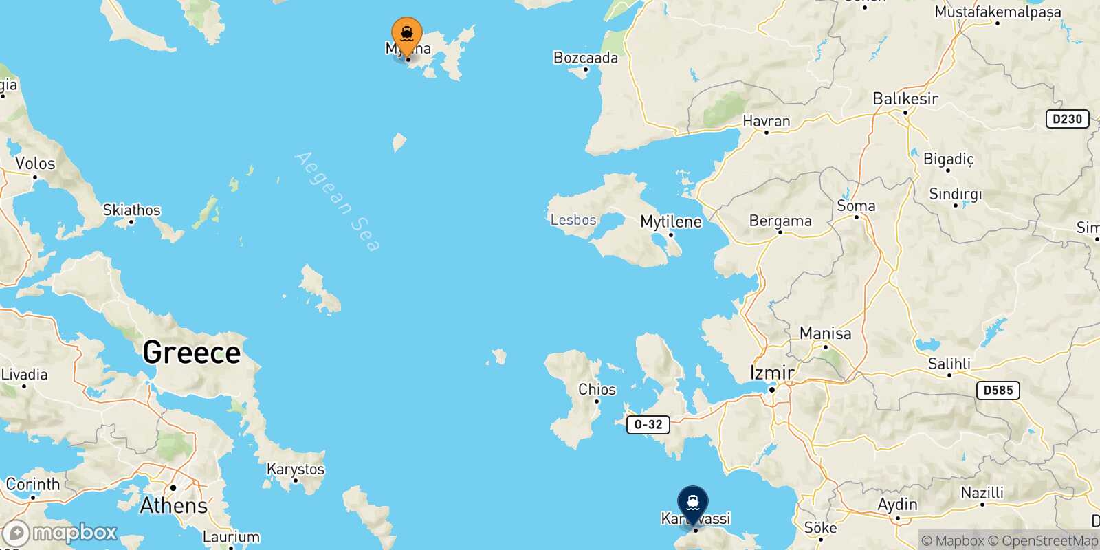 Mapa de la ruta Mirina (Limnos) Karlovassi (Samos)