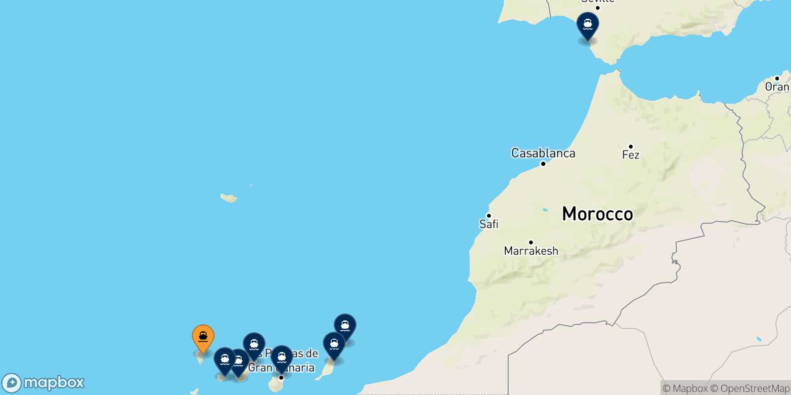 Mapa de los destinos alcanzables de Santa Cruz De La Palma