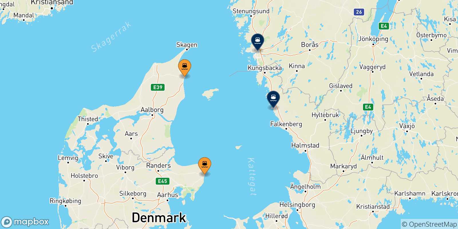 Mapa de las posibles rutas entre Dinamarca y  Suecia