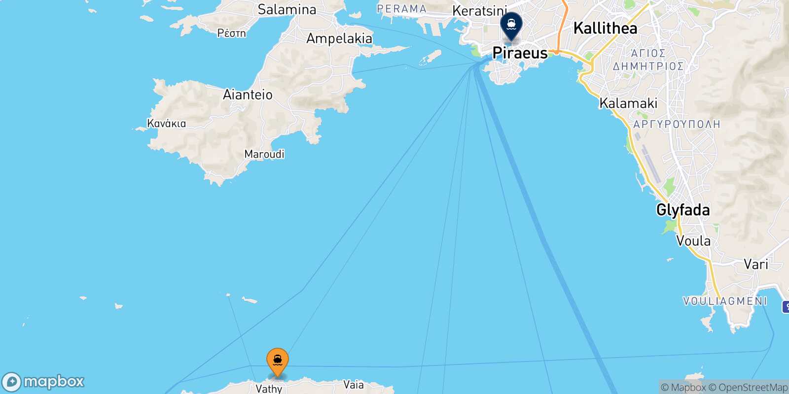Mapa de la ruta Souvala (Aegina) El Pireo