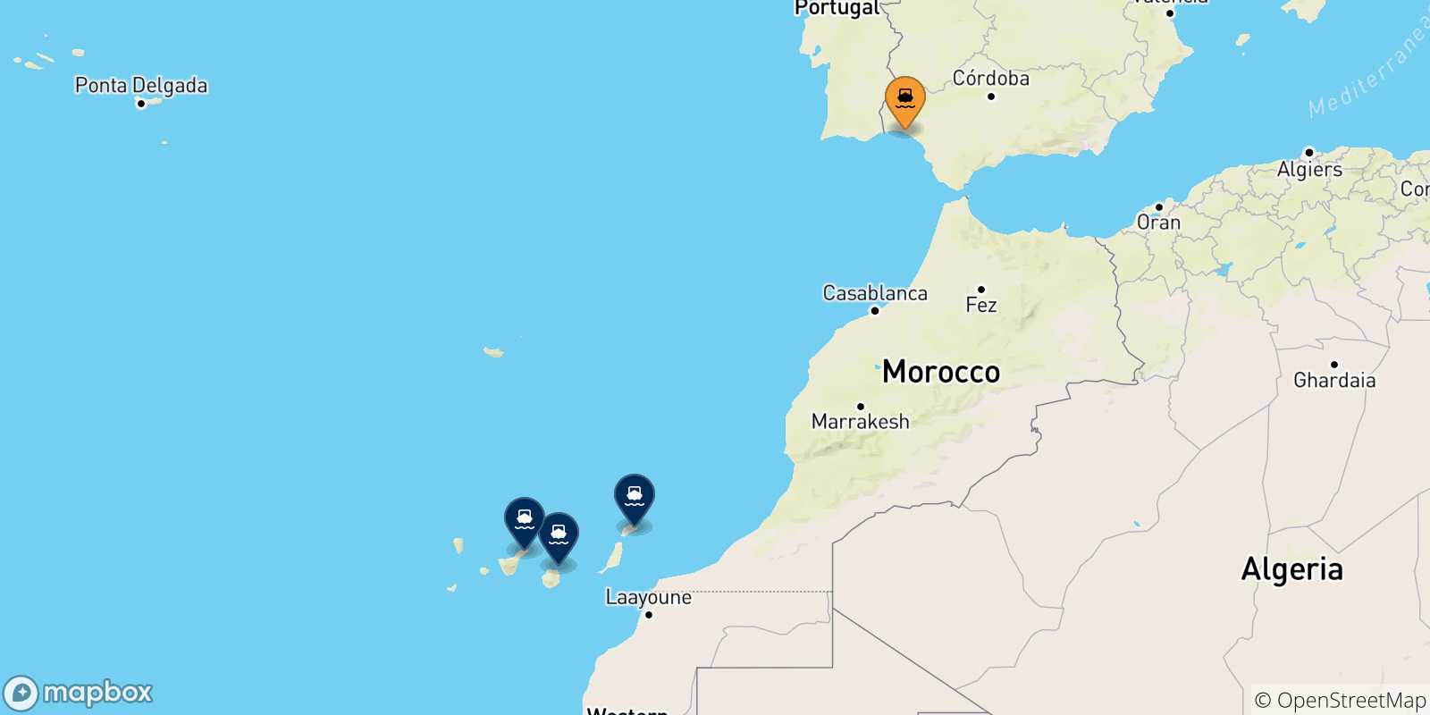 Mapa de las posibles rutas entre Huelva y  Islas Canarias