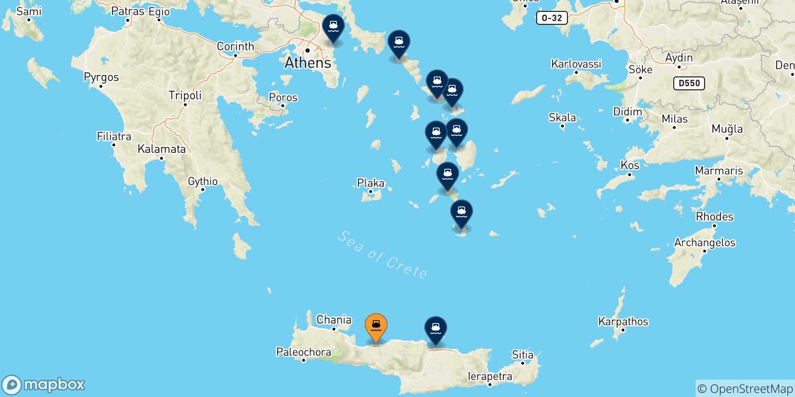 Mapa de las posibles rutas entre Rethimno y  Grecia