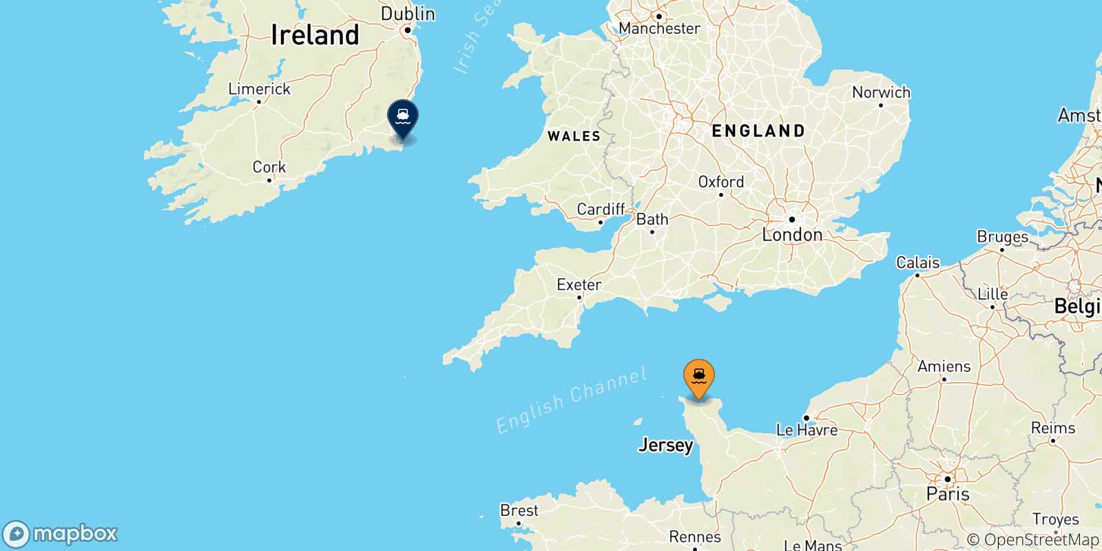 Mapa de las posibles rutas entre Cherbourg y  Irlanda