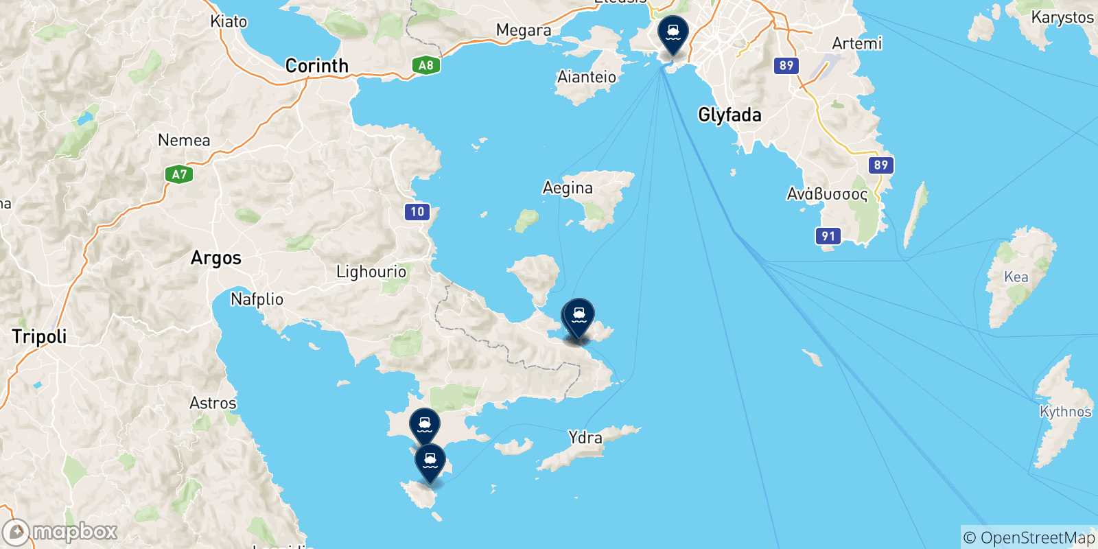 Mapa de las posibles rutas entre Hermioni y  Grecia