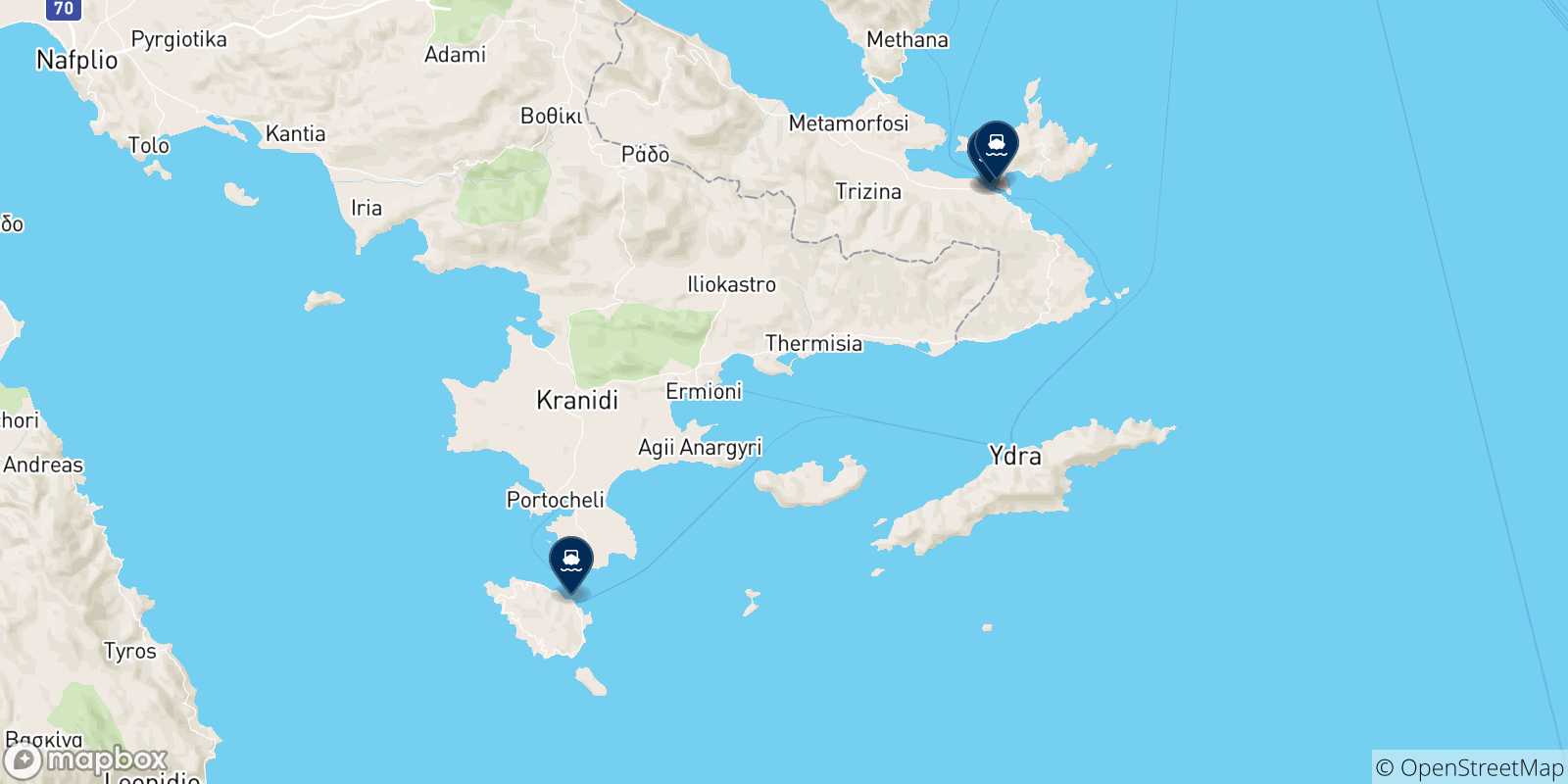 Mapa de las posibles rutas entre Hermioni y  Islas Sarónicas