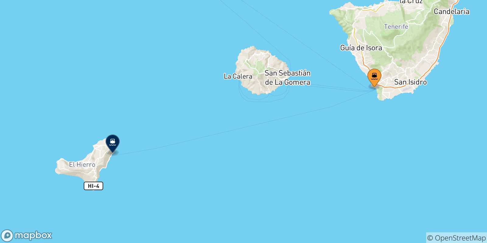 Mapa de las posibles rutas entre Los Cristianos (Tenerife) y  España