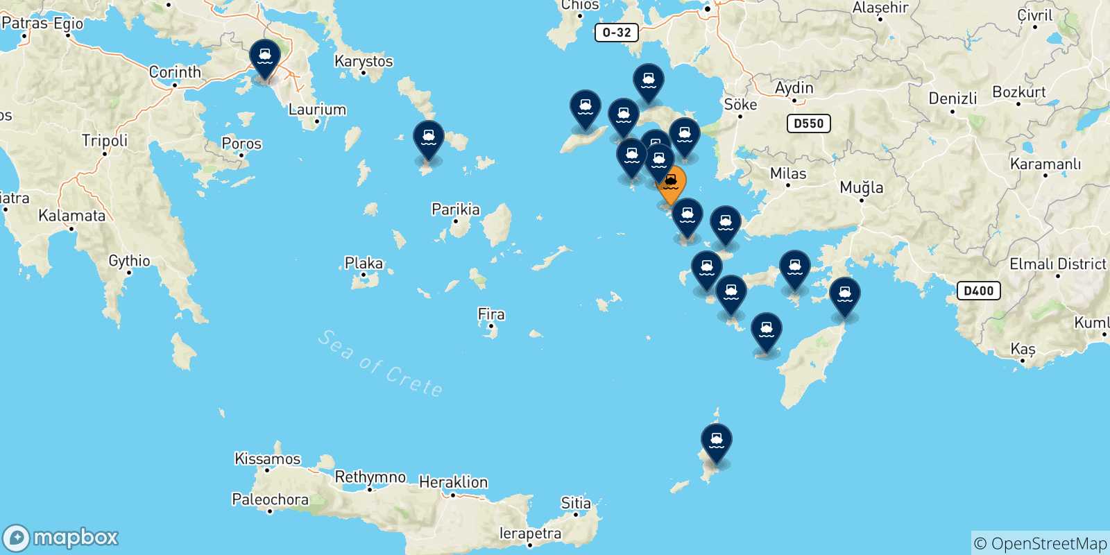 Mapa de las posibles rutas entre Leros y  Grecia