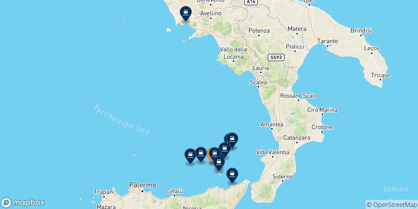 Mapa de las posibles rutas entre Rinella (Salina) y  Italia