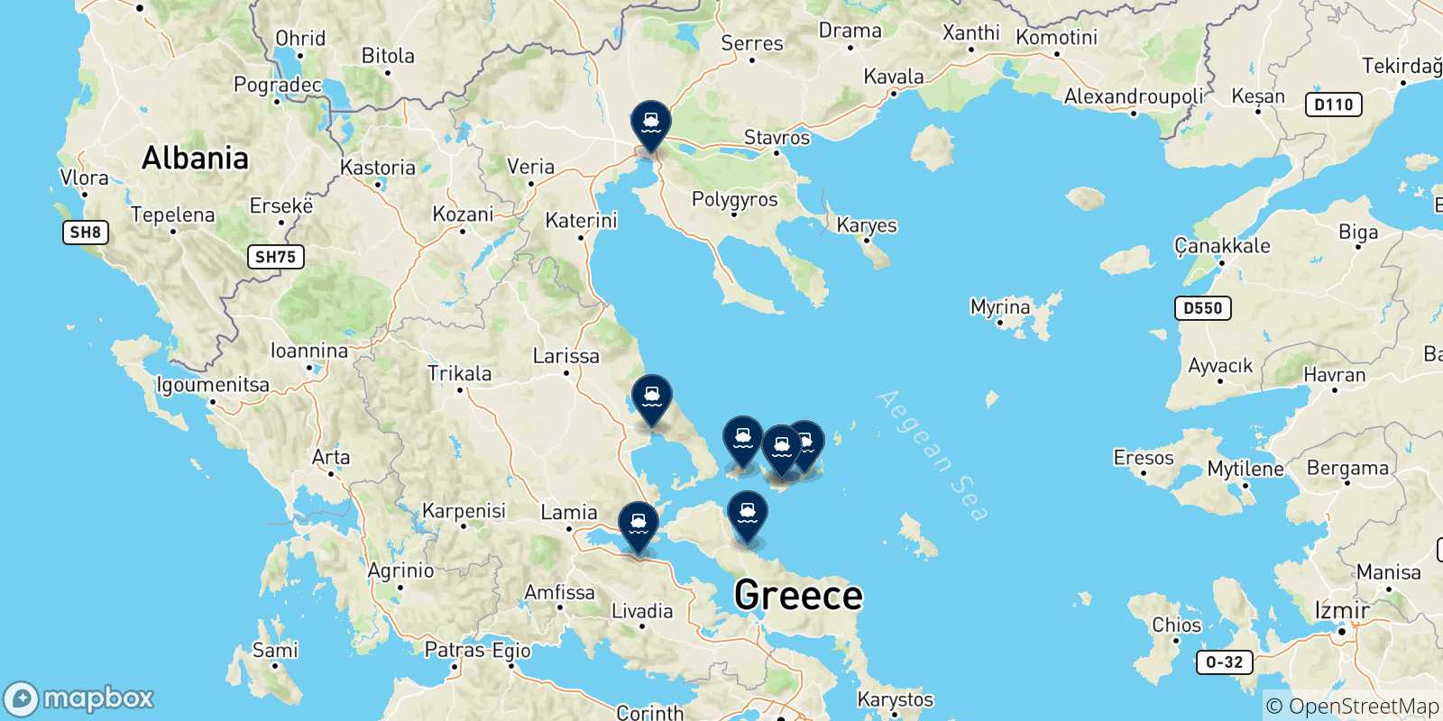 Mapa de las posibles rutas entre Skopelos y  Grecia
