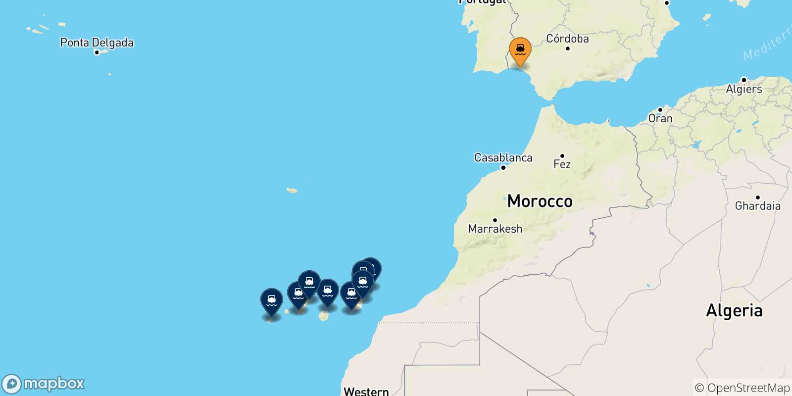 Mapa de las posibles rutas entre España y  Islas Canarias