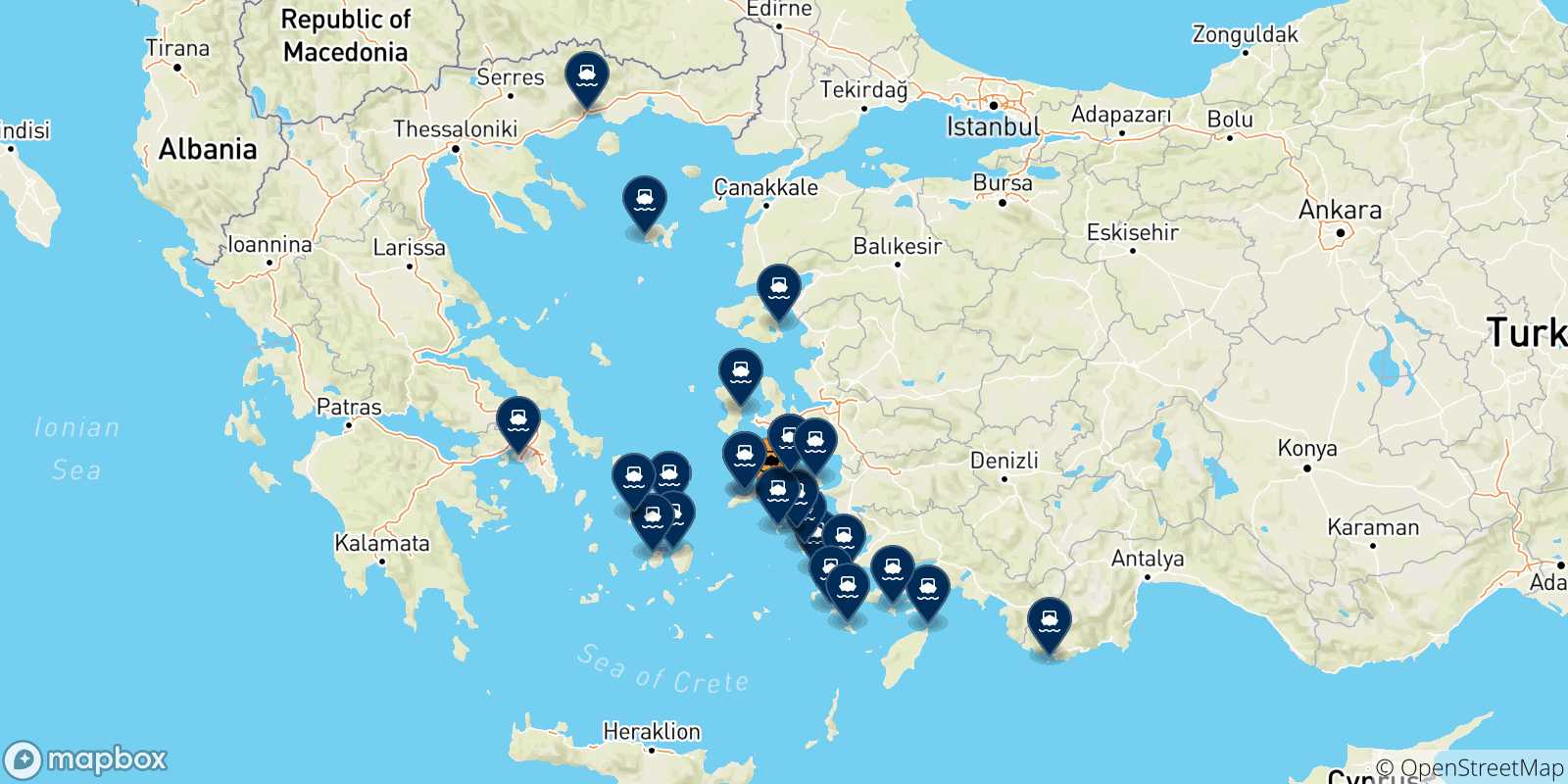 Mapa de las posibles rutas entre Fourni y  Grecia