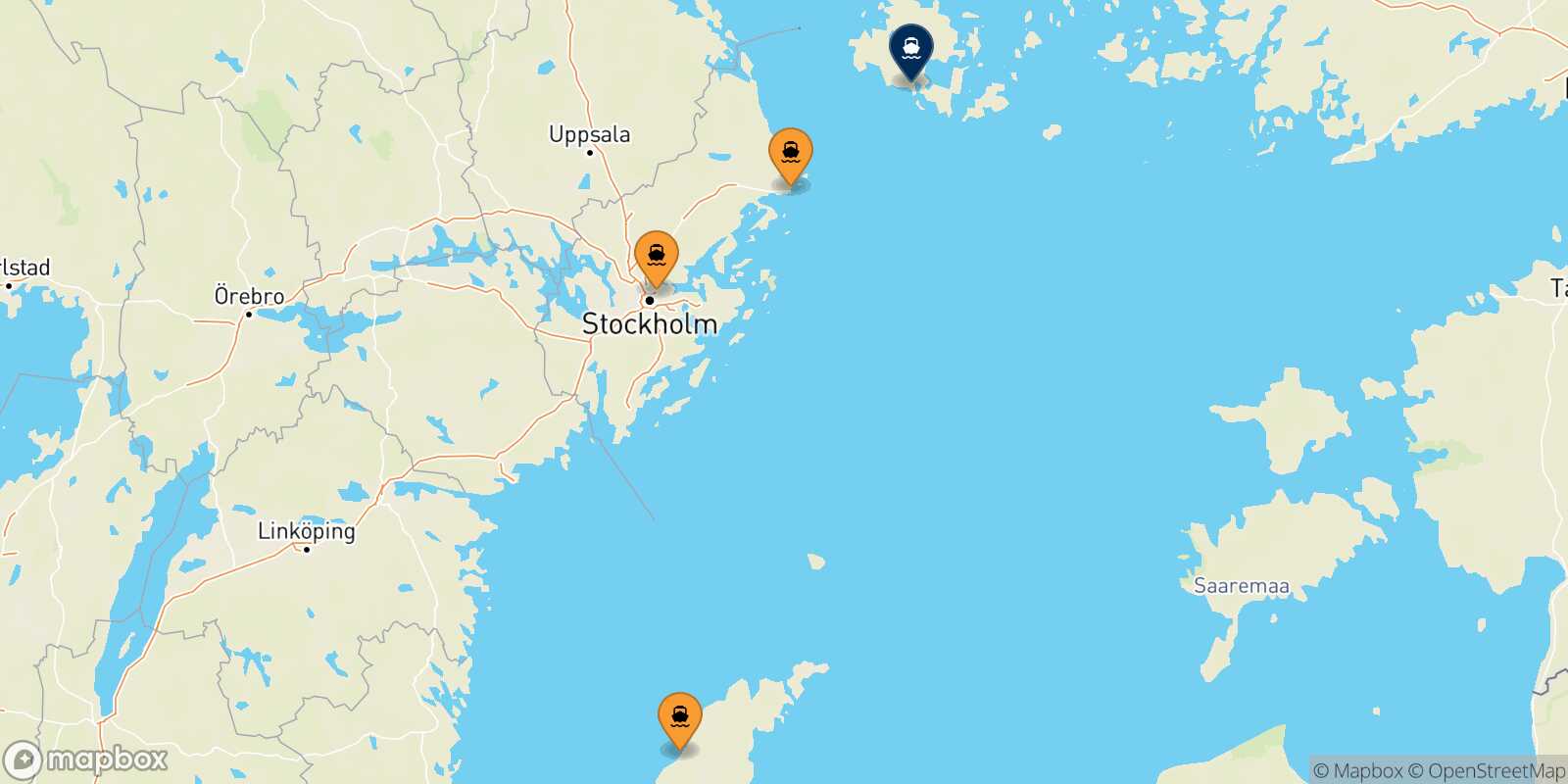 Mapa de los puertos conectados con  Mariehamn